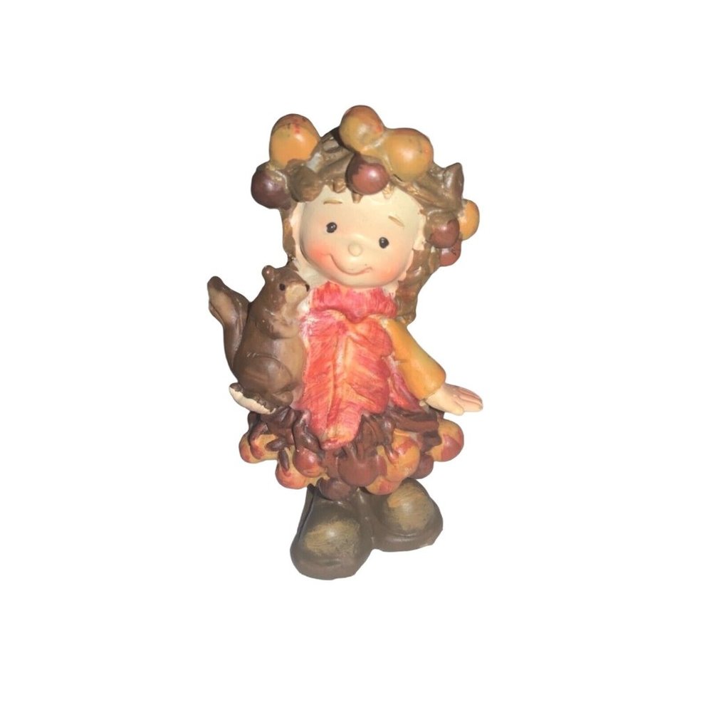 Cute Little Fall/ Autumn Dressed Girl with Squirrel Figurine